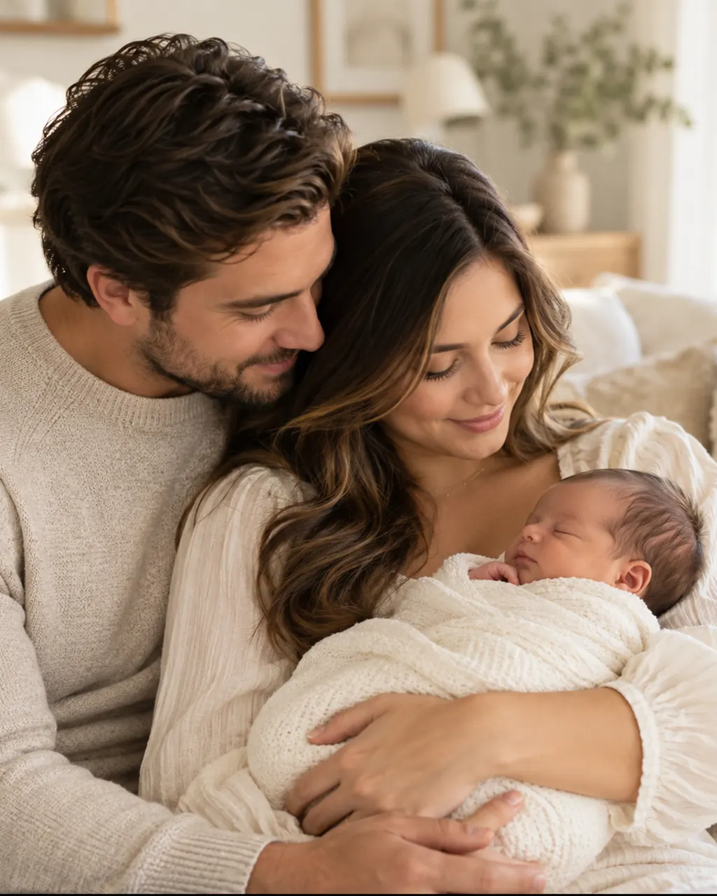 Newborn com ambos os pais em ambiente acolhedor