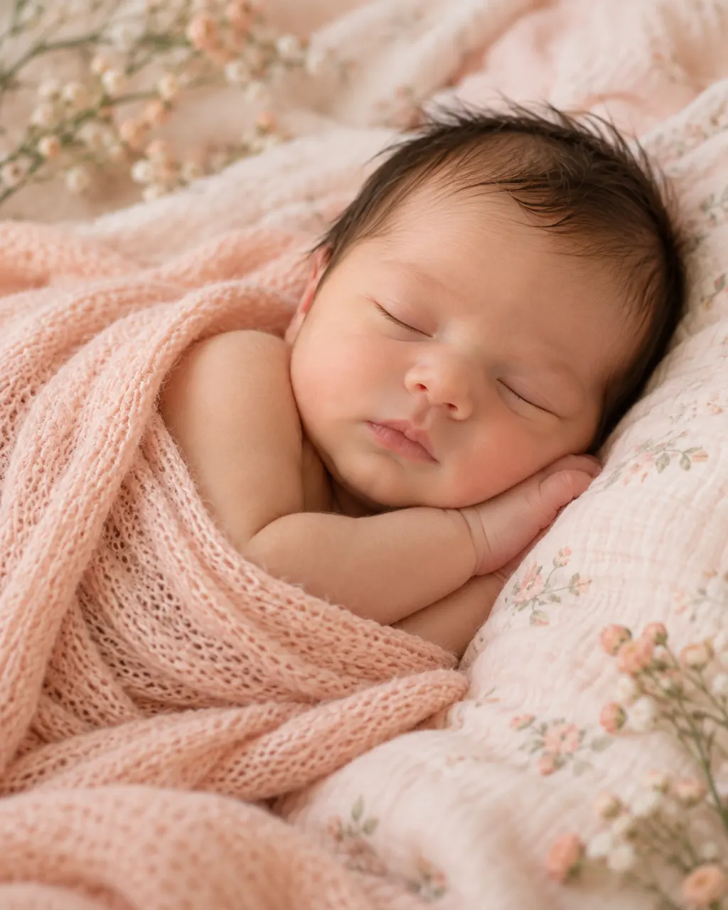 Newborn em paleta pastel com detalhes florais