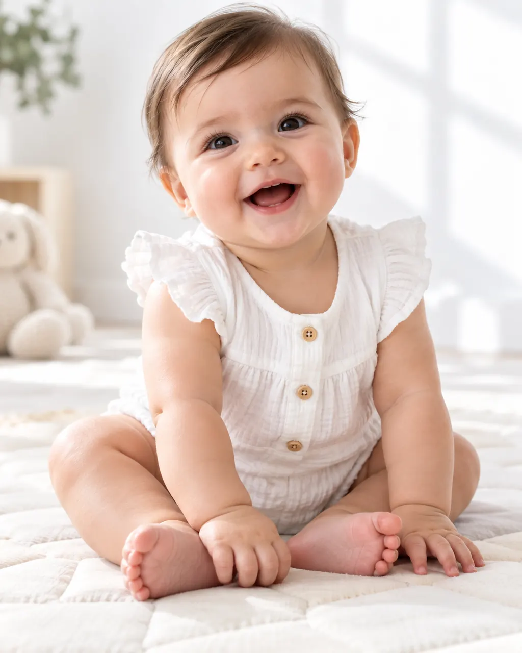 Bebê sorridente em estúdio claro
