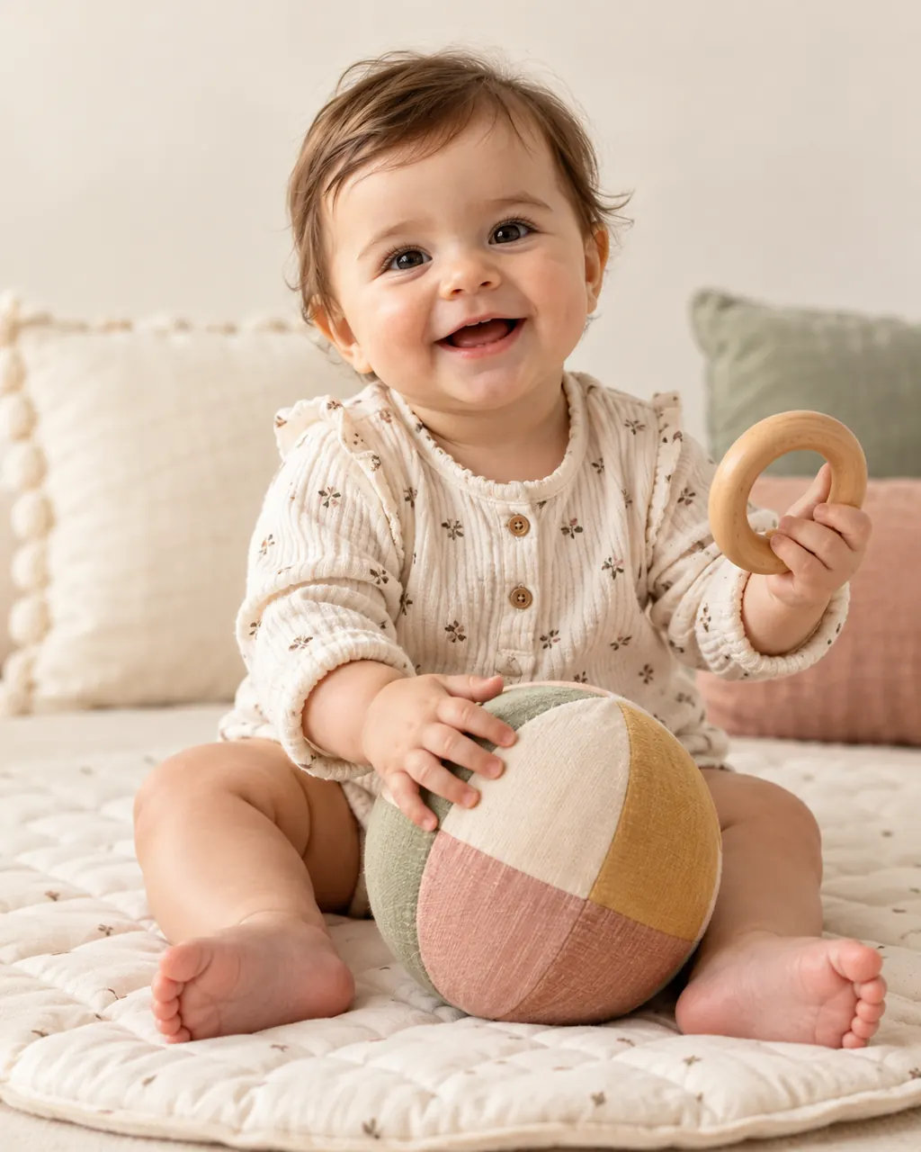 Bebê sentado com apoio adequado e brinquedos seguros