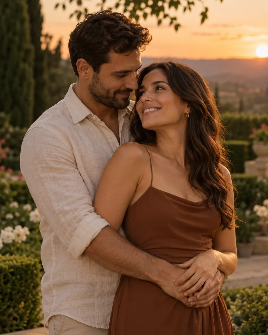 Casal em jardim ao entardecer